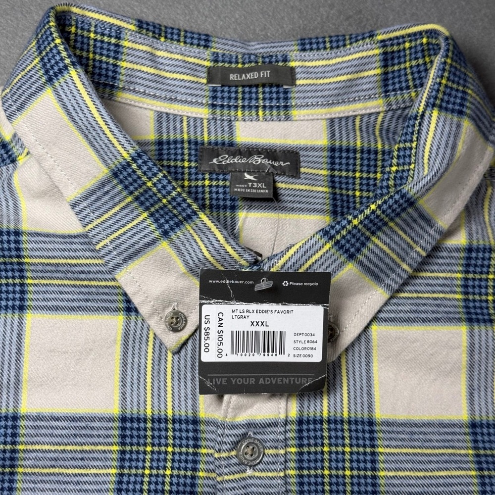 Eddie Bauer Mens Shirt 3XL Tall Gray Plaid Flannel Relaxed Fit Button Down NWT